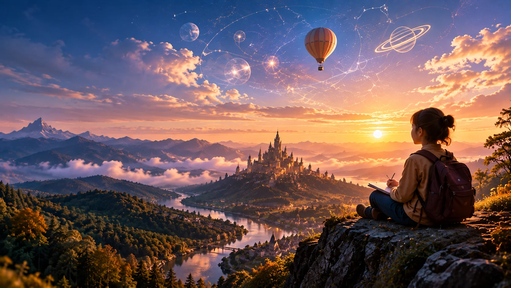 Child sitting on cliff overlooking imaginative landscape